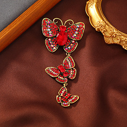 Siam Creative Long Alloy Triple Butterfly Brooch, Rhinestone Retro Insect Brooch, for Ceremony Banquet Suit Accessory, Siam, 110x52mm