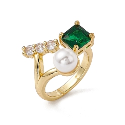 Dark Green Rack Plating Brass Cubic Zirconia Cuff Rings for Women, Square Long-Lasting Plated Open Ring, with Plastic Imitation Pearl, Lead Free & Cadmium Free, Real 18K Gold Plated, Dark Green, 2.7~18.5mm, Inner Diameter: US Size 6 1/4(16.8mm), Square: 7x7.5mm, Rectangle: 10.5x3.5mm, Plastic Pearl: 7mm