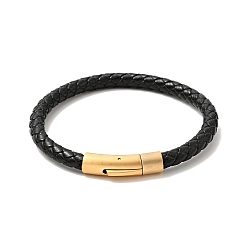 Golden Leather Braided Cord Bracelet with 304 Stainless Steel Clasp for Men Women, Black, Golden, 8-1/2 inch(21.5cm)