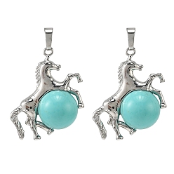 Синтетическая Бирюза Синтетические бирюзовые подвески, латунная лошадь с подвесками в виде шариков из драгоценных камней, стойки покрытие, платина, 33x35x16 мм, отверстие : 5x8 мм