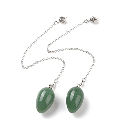 Green Aventurine Natural Green Aventurine Dowsing Pendulums, with Platinum Tone Brass Chains, Egg Charm, 223mm, Hole: 2mm, Pendant: 34.5~36x20mm, Bead: 15x8mm, Link: 3x2.5x0.5mm