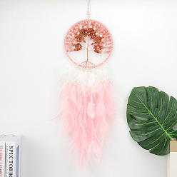Rose Quartz Wire Wrapped Natural Rose Quartz Chip Tree of Life Hanging Decoration, for Home Decoration, Woven Net/Web with Feather, 600x160mm