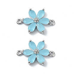 Blue Brass Pave Cubic Zirconia Connector Charms, Flower Links, Real Platinum Plated, Blue, 17x11.5x3.5mm, Hole: 1mm