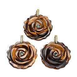Tiger Eye Natural Tiger Eye Pendants, Flower Charms, with Brass Pave Cubic Zirconia Findings, Golden, 34.5~35x34~35x9mm, Hole: 6.5x9mm