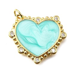 Бледно-бирюзовый Латунные микропроволочные кубические циркониевые подвески из эмали, сердце, с целью перехода в кольце, без свинца и без кадмия, реальный 18 k позолоченный, стойки покрытие, прочное покрытие, бледные бирюзовая, 20.5x24x2.5 мм, отверстие : 3 мм