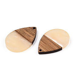 PeachPuff Transparent Resin & Walnut Wood Pendants, Teardrop Charms, PeachPuff, 36x24.5x3.5mm, Hole: 2mm