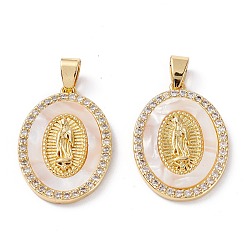 Real 18K Gold Plated Brass Micro Pave Clear Cubic Zirconia Pendants, Lady of Guadalupe Charms, Long-Lasting Plated, Oval with Virgin Mary, Real 18K Gold Plated, 27x19x3mm, Hole: 4.5x3.5mm