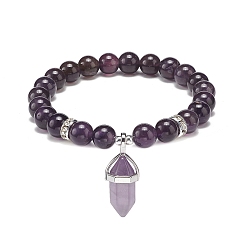 Amethyst Natural Amethyst Round Beaded Stretch Bracelet with Bullet Charms, Gemstone Yoga Jewelry for Women, Inner Diameter: 2~2-1/8 inch(5.1~5.3cm)