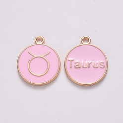 Taurus Alloy Enamel Pendants, Cadmium Free & Lead Free, Flat Round with Constellation, Light Gold, Pink, Taurus, 15x12x2mm, Hole: 1.5mm