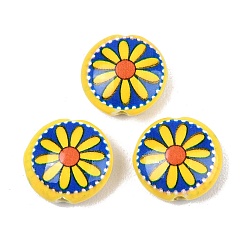 Yellow Printed Handmade Porcelain Beads, Flat Round with Sunflower, Yellow, 15x6mm, Hole: 2mm