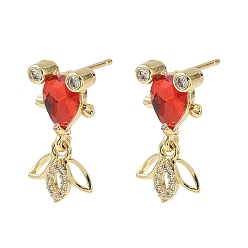 Красный Серьги-гвоздики в форме рыбок из латуни с микропаве из кубических цирконий, со стеклом, стойки покрытие, золотые, красные, 20.5x10.5 мм