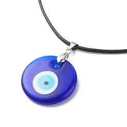 Round Blue Lampwork Evil Eye Pendant Necklace with Waxed Cord for Women, Round Pattern, Pendant: 37x30x5mm, 17.64~17.72 inch(44.8~45cm)