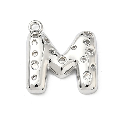 Letter M Латунные микропаве прозрачные подвески с фианитом, без кадмия и без свинца, долговечный, стойки покрытие, платина, Буква М, 22x20x4.5 мм, отверстие : 1.8 мм