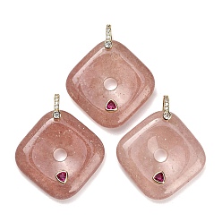 Strawberry Quartz Natural Strawberry Quartz Pendants, Rhombus Charms, with Brass Pave Cubic Zirconia Findings, Golden, 35~35.5x35~35.5x8~8.5mm, Hole: 5x6mm