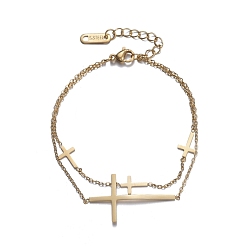Golden 304 Stainless Steel Multi-strand Bracelets, with Cable Chains and Lobster Claw Clasps, Cross, Golden, 6-3/8 inch(16.2cm)
