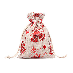 Christmas Bell Christmas Theme Linenette Drawstring Bags, Rectangle, Christmas Bell Pattern, 14x10cm