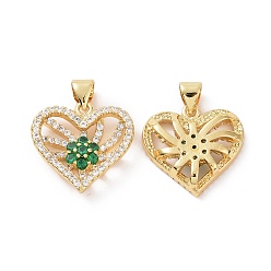 Green Brass Micro Pave Cubic Zirconia Pendants, Real 18K Gold Plated, Hollow Heart with Flower Charm, Green, 17.5x18x4mm, Hole: 3.5x4mm