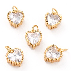 Clear Real 18K Gold Plated Brass Inlaid Cubic Zirconia Charms, with Jump Ring, Long-Lasting Plated, Heart, Clear, 8.5x7x4mm, Jump Ring: 4x0.5mm, 2.5mm Inner Diameter