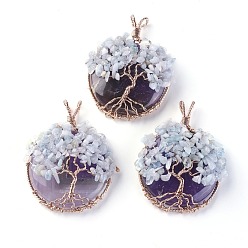 Amethyst Natural Amethyst & Aquamarine Big Pendants, with Rose Gold Tone Brass Findings, Flat Round with Tree of Life, 58~61.5x44~48x14~16.5mm, Hole: 4~5x3.5~6mm