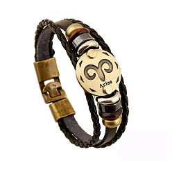 Aries Cowhide & PU Leather Triple Layer Multi-strand Bracelet, Constellation Alloy & Wood Beaded Gothic Bracelet, Aries, 8-7/8 inch(22.5cm)