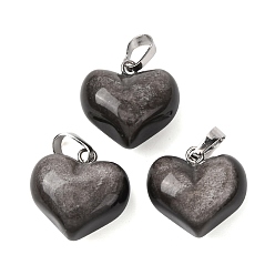 Silver Sheen Obsidian Подвески из натурального серебристого обсидиана, подвески-сердечки с латунными застежками на порожках, платина, 17x17.5x11 мм, отверстие : 6.5x4 мм