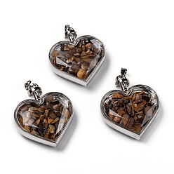 Tiger Eye Glass Bottle Pendants, with Natural Tiger Eye Chips and Platinum Plated Alloy Findings, Heart, 40x32.5x11mm, Hole: 8x5mm