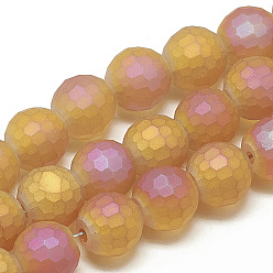 Dark Orange Electroplate Glass Beads Strands, Frosted Style, Faceted(96 Facets) Round, Dark Orange, 10x9mm, Hole: 1.5mm, about 70pcs/strand, 25.2 inch