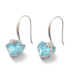 Dodger Blue Cubic Zirconia Heart Dangle Earrings, Real Platinum Plated Rhodium Plated 925 Sterling Silver Earrings for Women, Dodger Blue, 26mm
