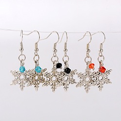 Mixed Color Tibetan Style Christmas Snowflake Dangle Earrings, with Glass Beads and Brass Earring Hooks, Antique Silver, Mixed Color, 41mm, Pin: 0.6mm