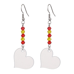 Heart Blank Acrylic Dangle Earrings, with Glass Beaded, Heart, 69x24.5mm