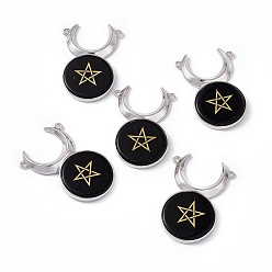 Obsidian Natural Obsidian Connector Charms, Cattle Head Links with Star, with Rack Plating Platinum Tone Brass Findings, Cadmium Free & Lead Free, 47.5x31.5x5mm, Hole: 2mm
