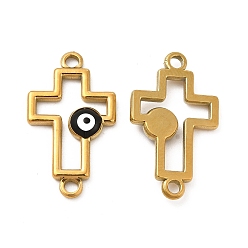 Black 201 Stainless Steel Enamel Connector Charms, Real 24K Gold Plated, Religion Cross Links with Evil Eye, Black, 24x14x2.5mm, Hole: 1.8mm