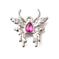 Фуксиновый 304 подвески из нержавеющей стали, со стразами, цвет нержавеющей стали, бабочка, красно-фиолетовые, 24x23x4 мм, отверстие : 2 мм