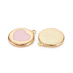 Misty Rose Brass Enamel Pendants, Nickel Free, Real 18K Gold Plated, Flat Round with Heart, Misty Rose, 16x14x2mm, Hole: 1.2mm