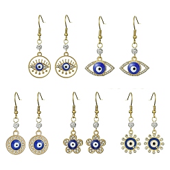 Mixed Shapes Alloy Enamel Evil Eye Dangle Earrings with Crystal Rhinestone, with Ion Plating(IP) 304 Stainless Steel Earring Pins, Mixed Shapes, 40~49x18~22mm