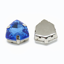 Sapphire Sew on Rhinestone, Multi-strand Links, K9 Glass Rhinestone, with Platinum Tone Brass Prong Settings, Garments Accessories, Triangle, Sapphire, 12.5x12x6mm, Hole: 0.8mm