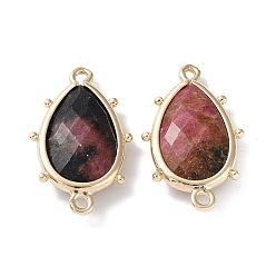 Rhodonite Natural Rhodonite Connector Charms, with Golden Plated Brass Edge Loops, Faceted, Teardrop, 24x14.5x5mm, Hole: 1.2mm & 1.4mm