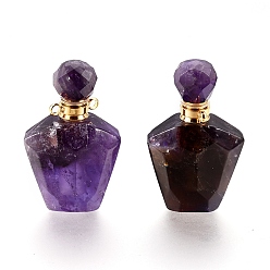 Amethyst Faceted Natural Amethyst Openable Perfume Bottle Pendants, Essential Oil Bottles, with Golden Tone 304 Stainless Steel Findings, 35.5~37.5x23x13.5mm, Hole: 1.8mm, Capacity: about 2ml(0.06 fl. oz)