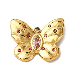 Розовый 304 из нержавеющей стали горный хрусталь подвески, бабочки прелести, вакуумное покрытие pvd, реальный 18 k позолоченный, светло-розовый, 17.5x21x3 мм, отверстие : 1.6 мм