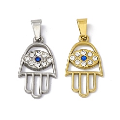 Couleur Mélangete Pendentifs en acier inoxydable, avec strass, hamsa main avec oeil de cheval, couleur mixte, 304mm, Trou: 25x14x2mm