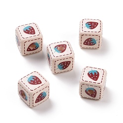 Turquoise Foncé Perles acryliques imprimés opaques, cube avec motif fraise, turquoise foncé, 13.5x13.5x13.5mm, Trou: 3.8mm