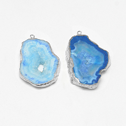 Dodger Blue Natural Druzy Agate Pendants, with Platinum Tone Iron Findings, Dyed, Nuggets, Dodger Blue, 20~60x13~50x4~8mm, Hole: 1~4mm