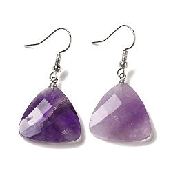 Аметист Серьги-подвески с треугольными огранками из натурального аметиста, платиновые латунные серьги, 40x20.5 мм