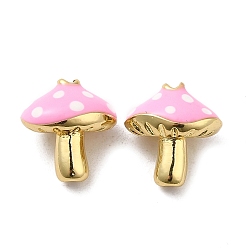 Pearl Pink Rack Plating Brass Enamel Beads, Cadmium Free & Lead Free, Real 18K Gold Plated, Mushroom, Pearl Pink, 12.5x12x9mm, Hole: 1.6mm