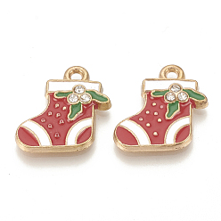 Red Alloy Enamel Pendants, Cadmium Free & Lead Free, with Rhinestone, Christmas Boots, Light Gold, Red, 18x17x3mm, Hole: 1.5mm