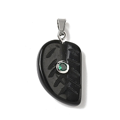 Обсидиан Резные подвески из натурального обсидиана, подвески в виде листьев с 201 микрофиброй из нержавеющей стали и кубическими циркониями, цвет нержавеющей стали, 26x15x15.5 мм, отверстие : 5.3x3 мм