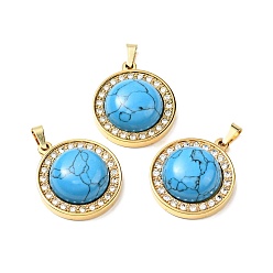 Synthetic Turquoise Synthetic Turquoise Pendants, with Golden Tone 304 Stainless Steel and Crystal Rhinestone Findings, Half Round Charm, 24.5x21x8mm, Hole: 3.5x6mm