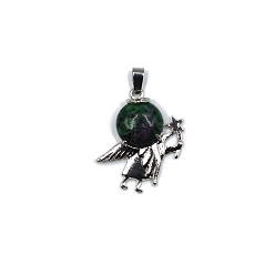 Ruby in Zoisite Natural Ruby in Zoisite Pendants, Antique Silver Plated Alloy Angel Charms, 36x28mm