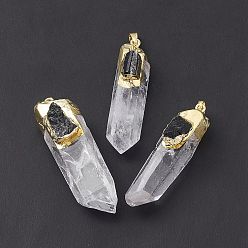 Tourmalinated Quartz Natural Quartz Crystal Pointed Big Pendants, Natural Black Tourmalinated Quartz Faceted Bullet Charms, with Rack Plating Gloden Brass Tone Findings, Cadmium Free & Lead Free, 63x20.5x18mm, Hole: 7.5x4.5mm
