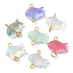 Mixed Color Spray Painted Transparent Glass Connector Charms, Fish Links with Golden Plated 304 Stainless Steel Double Loops, Mixed Color, 15.5x15.5x5mm, Hole: 1.6mm
